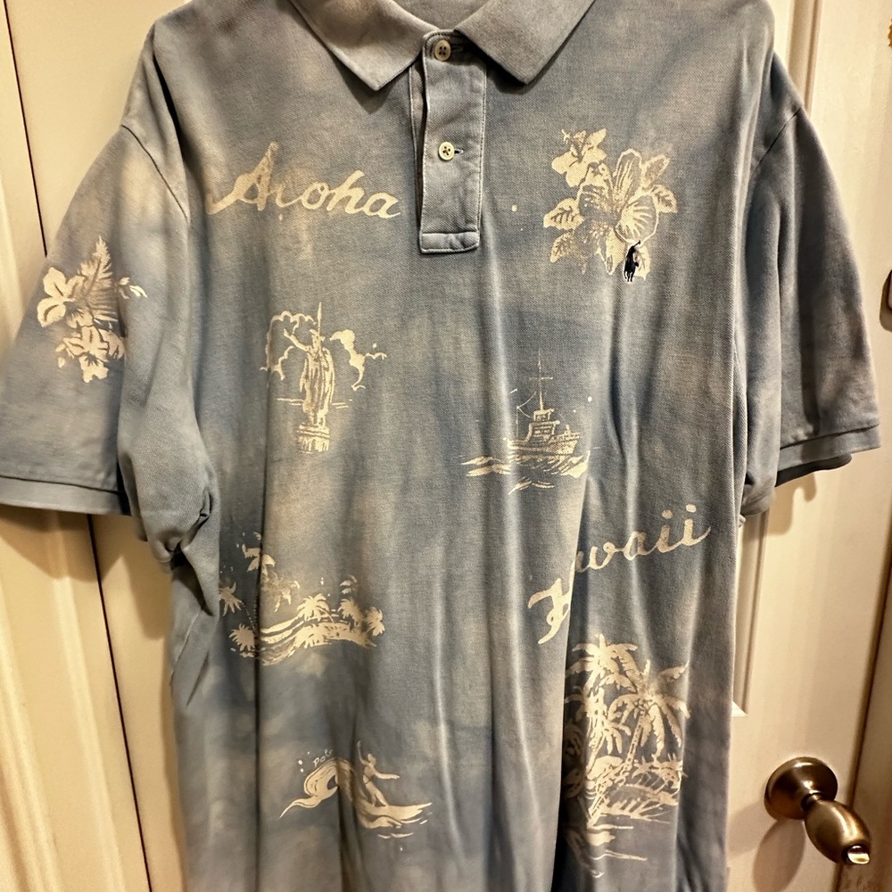 Distressed Tropical Polo by Ralph Lauren Blue and White hibiscus print Polo